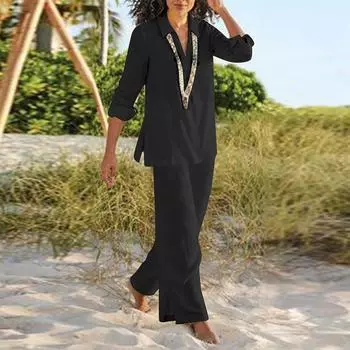 МОДА Женский льняной костюм-двойка Льняной костюм Брюки и рубашки с длинным рукавом Повседневный брючный костюм свободного покроя Льняная блузка с V-образным вырезом Свободные льняные брюки S хаки