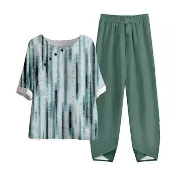 МОДА Женский летний комплект из двух предметов с коротким рукавом и принтом, эластичный пояс, брюки из девяти частей S