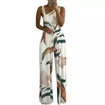 МОДА Женский модный повседневный комбинезон без рукавов с принтом и высокой талией S белый