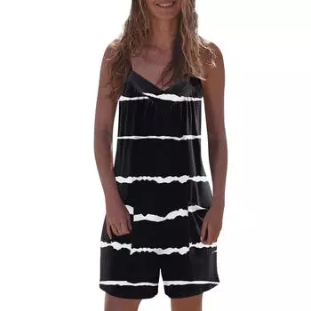 МОДА Женский модный повседневный свободный комбинезон без рукавов с V-образным вырезом и карманами с принтом S синий