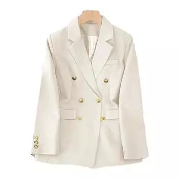 МОДА Женский пиджак OL Style Commute Свободный однотонный двубортный пиджак с длинными рукавами, отложным воротником, карманами, формальный деловой пиджак M бежевый