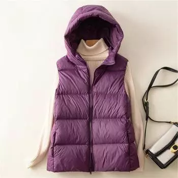 МОДА Женский пуховый жилет с капюшоном 2024 года, новый женский пуховый жилет, легкий пуховый жилет, женская верхняя одежда Одежда M чёрный