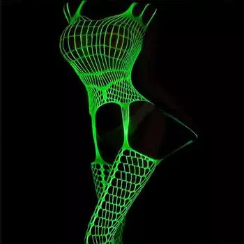 МОДА Женский светящийся цельный рыболовный сетчатый комбинезон в виде куклы Тедди с открытой промежностью, униформа, чулки, сексуальный шейный платок, подтяжки One Size