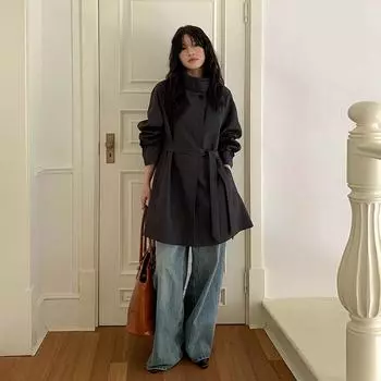 МОДА Женский тренчкот Женский тренчкот осень 2024 года, новый средний и длинный женский тренчкот Женская одежда высокого класса One Size темно серый
