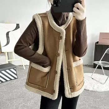 МОДА Женский жилет с обеих сторон Женский ретро двухсторонний флисовый жилет с мехом и овечьей шерстью, новый коричневый жилет в гонконгском стиле Одежда S 80-50 kg