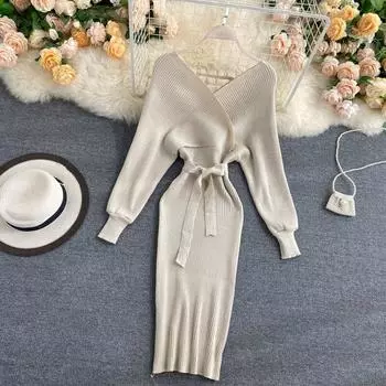 МОДА Женское блестящее трикотажное платье сексуальное с V-образным вырезом и рукавами-фонариками эластичное трикотажное платье-футляр осеннее однотонное платье-карандаш с бантами и поясами One Size абрикосовый