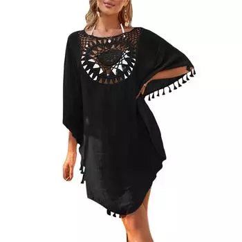 МОДА Женское летнее бикини-накидка, однотонное вязаное крючком платье с узором «летучая мышь» с коротким рукавом, круглым вырезом и кисточками, свободное короткое платье One Size чёрный