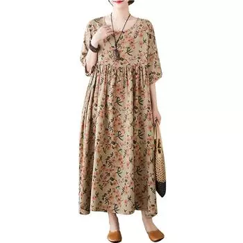 МОДА Женское летнее свободное платье с винтажным принтом и карманами, короткие рукава, круглый вырез, спущенное плечо, повседневное