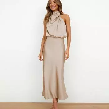 мода Женское летнее вечернее платье без рукавов Элегантное длинное платье с высокой талией Однотонное S абрикосовый