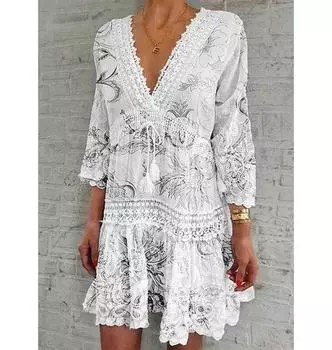 МОДА Женское модное платье с цветочным принтом Повседневное пляжное платье Летнее кружевное платье с V-образным вырезом Сексуальное вечернее платье Платье в стиле бохо с рукавом 3/4 S