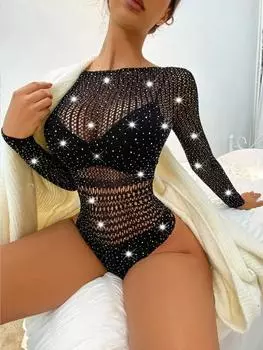 МОДА Женское нижнее белье в сеточку, блестящие боди со стразами, открытая спина, длинный рукав, один размер One Size