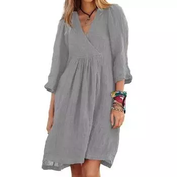 МОДА Женское осеннее мини-платье с V-образным вырезом и рукавом 3/4, однотонное, с высокой талией, свободным подолом, тонкое повседневное платье в уличном стиле M белый