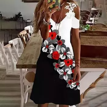 МОДА Женское платье Летнее модное кружевное V-образное вырезное повседневное платье с цветочным принтом с коротким рукавом без бретелек S