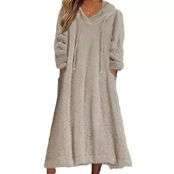 МОДА Женское платье миди из пушистого флиса Осень-зима Теплое плюшевое платье с длинным рукавом и капюшоном на шнурке Платье-толстовка с карманами M белый