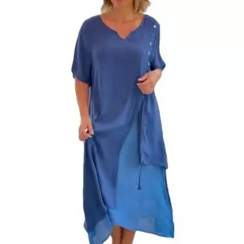 МОДА Женское платье миди с V-образным вырезом и коротким рукавом, декорированное пуговицами, асимметричное, с имитацией двух частей, со струящимся подолом, свободное платье в уличном стиле M хаки