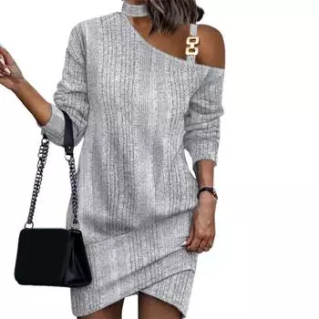 МОДА Женское платье осень-зима на одно плечо с косым вырезом и отделкой цепочкой, однотонный пуловер с длинным рукавом, длина выше колена, женское мини-платье M серый