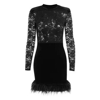 МОДА Женское платье с искусственным перьевым подолом, нарядное, мягкое, модное, перспективное кружевное бархатное платье-карандаш в стиле пэчворк, клубная одежда S чёрный