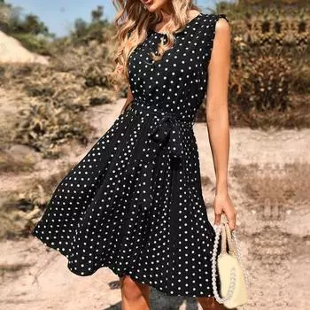 МОДА Женское платье с принтом в горошек, поясом, плиссированным подолом, круглым вырезом, рукавами-крылышками спереди, мини-платье M зелёный