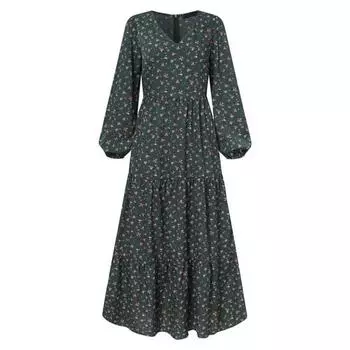 МОДА Женское платье с V-образным вырезом и цветочным принтом, А-силуэт, свободный подол, длинный рукав-фонарик, пуловер, плиссированное, с высокой талией, женское платье макси на весну и осень M бежевый