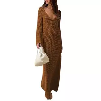 МОДА Женское пляжное платье с глубоким вырезом V-образный вырез трикотажное ажурное V-образное эластичное прозрачное летнее пляжное бикини накидка купальник макси платье S жёлтый