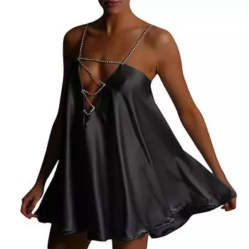 МОДА Женское повседневное короткое платье с цепочкой и подтяжками Модное однотонное платье А-силуэта с V-образным вырезом S синий