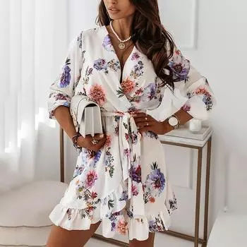 МОДА Женское повседневное сексуальное платье с длинными рукавами и средней длиной, с модным принтом S белый