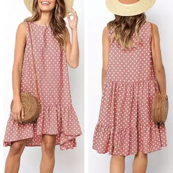 МОДА Женское свободное платье для отдыха с принтом в горошек и круглым вырезом без рукавов Повседневная одежда S розовый