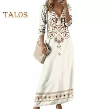 МОДА Женское весеннее платье в этническом стиле с принтом V-образным вырезом и длинным рукавом, бохо, свободный пуловер А-силуэта, мягкое дышащее повседневное платье макси длиной до щиколотки M белый