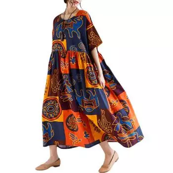 МОДА Женское винтажное свободное платье с контрастным цветным принтом и короткими рукавами Халаты свободного покроя из хлопка и льна Повседневное One Size оранжевый