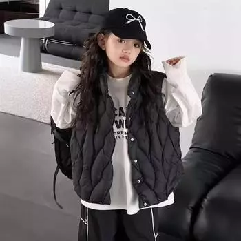 МОДА Жилет для девочек, зима 2024, новый 90-й год, белый утиный пух, кружевной воротник-стойка, универсальная верхняя одежда, терможилет для детей среднего и старшего возраста, одежда 110cm чёрный