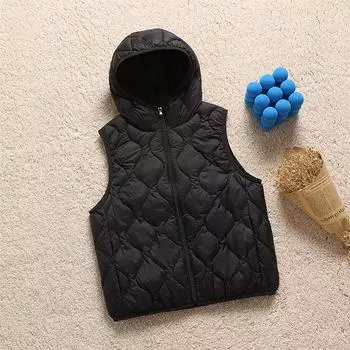 МОДА Жилет с капюшоном, ромбовидный жилет, куртка для женщин, новая легкая тонкая основа с белым утиным пухом, куртка Одежда M чёрный