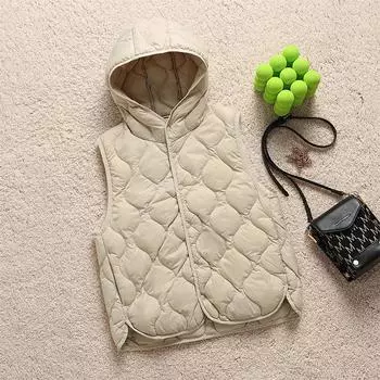 МОДА Жилет с капюшоном, ромбовидный жилет, куртка для женщин, новая легкая тонкая основа с белым утиным пухом, куртка Одежда M чёрный