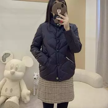 МОДА Зима 2024 Модная элегантная волнистая стеганая маленькая стойка-воротник белая утиная пуховая короткая женская тонкая одежда M чёрный
