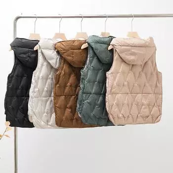 МОДА Зима 2024 Новая куртка с капюшоном на пуху Жилет женский короткий легкий короткий жилет куртка модная одежда S шампанского