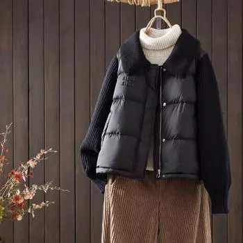 МОДА Зима 2024 Новый женский свитер с отворотом из овечьего меха, рукава, сращивание, 90% белый утиный пух, теплая женская одежда S чёрный