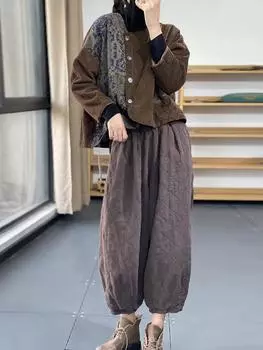 МОДА зима этнический стиль ретро литературный и художественный нерегулярный принт контрастный цвет вельвет короткая хлопковая одежда женская одежда M