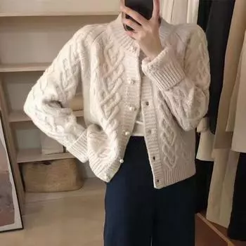 МОДА зима новый ретро твист жемчужная пряжка вязаный кардиган куртка модная женская универсальная женская свитер Одежда One size
