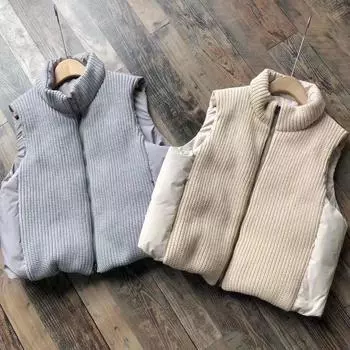 МОДА зима новый трикотажный пуховик в тон жилет женский корейский вариант воротник-стойка верхняя одежда жилет жилет куртка M светло-серый