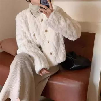 МОДА зима новый утолщенный маленький ароматный стиль имитация норки бархат меховая куртка женская круглая горловина двубортная короткая модная одежда S [80-47.5kg]