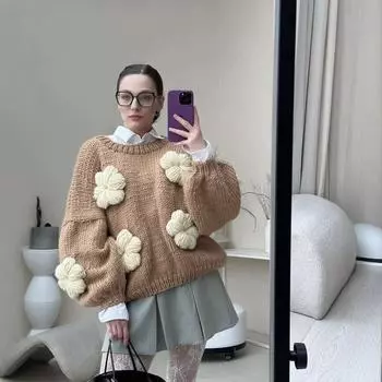 МОДА Зима Новый Возраст Уменьшение Ленивый Чистый Пуловер Ручной Работы Круглый Вырез Цветочный Орнамент Свободные Волосы Одежда average size