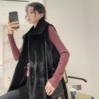 МОДА зима новый женский длинный кожаный жилет натуральный мех жилет куртка молодая одежда S чёрный