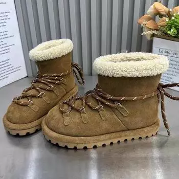 мода Зимние Ботильоны Зимние Ботинки Женские Меховые Теплые Ботинки Замшевые Плюшевые Балетки Повседневные Челси Дизайнер 2024 Тренд Кроссовки На Шнуровке Botas Mujer 35 бежевый