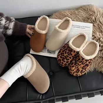 мода зимние леопардовые женские домашние меховые мюли тапочки повседневные закрытые туфли на плоской подошве шлепанцы женские удобные теплые хлопковые туфли 35