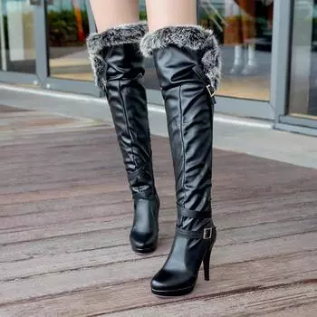 мода Зимние сапоги Женские весенние сапоги Высокие сапоги на платформе Сапоги выше колена Замшевые длинные сапоги Высокие каблуки Меховые плюшевые туфли на танкетке Женские 34 белый