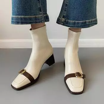 мода Зимние женские ботильоны Модные квадратные носки Короткие женские ботильоны Элегантные толстые каблуки Botas Mujer 35 бежевый