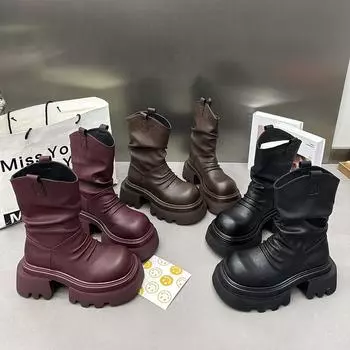 мода Зимние женские ботильоны в стиле панк Модные короткие ботильоны в стиле рыцаря без застежек Женские повседневные туфли на платформе с каблуками Botas Mujer 35 вино красного