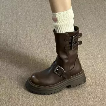 мода зимние женские мотоциклетные сапоги модные короткие ботильоны с пряжкой на поясе женские элегантные толстые каблуки Botas Mujer 35 коричневый