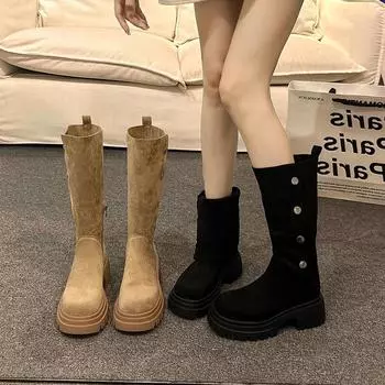 мода Зимние женские сапоги до колена в ковбойском стиле Модные туфли без застежек Толстый каблук Laides Concise Длинные Botas De Mujer 35 хаки