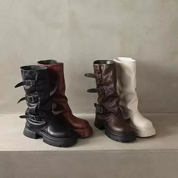 мода Зимние женские сапоги рыцаря Модные ботильоны с пряжкой на поясе и средней ногой Дизайнерские ботильоны на квадратном каблуке Largas 35 коричневый