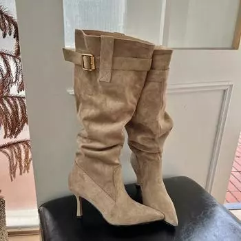 мода Зимние женские сапоги с острым носком до колена Модные длинные сапоги Дизайнерские туфли на тонком высоком каблуке для стриптиза Botas Mujer 35 хаки